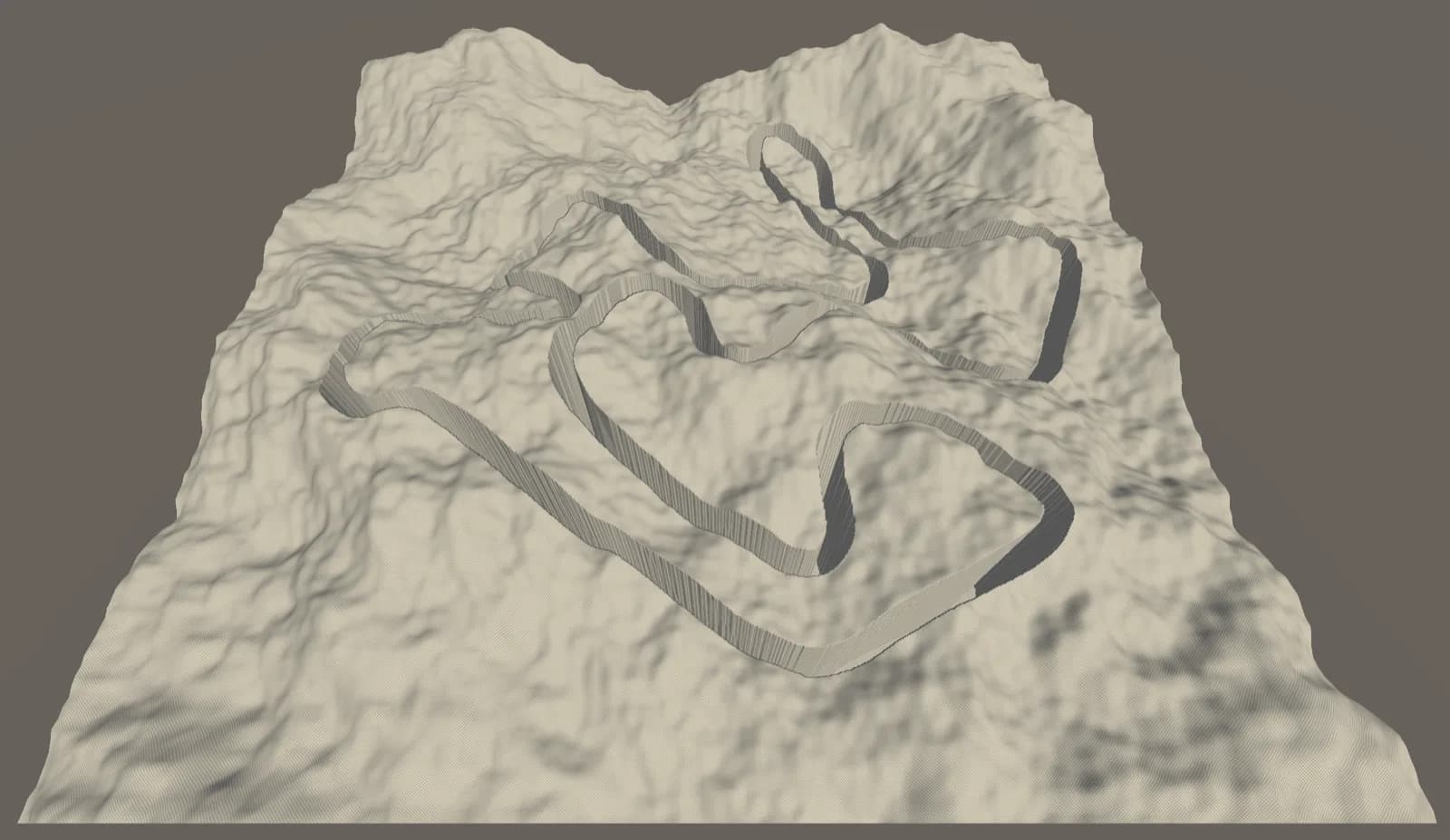 A race track at fixed heights dropped into Perlin-noise terrain with no blending, standing on vertical cliff walls where it meets the generated ground.